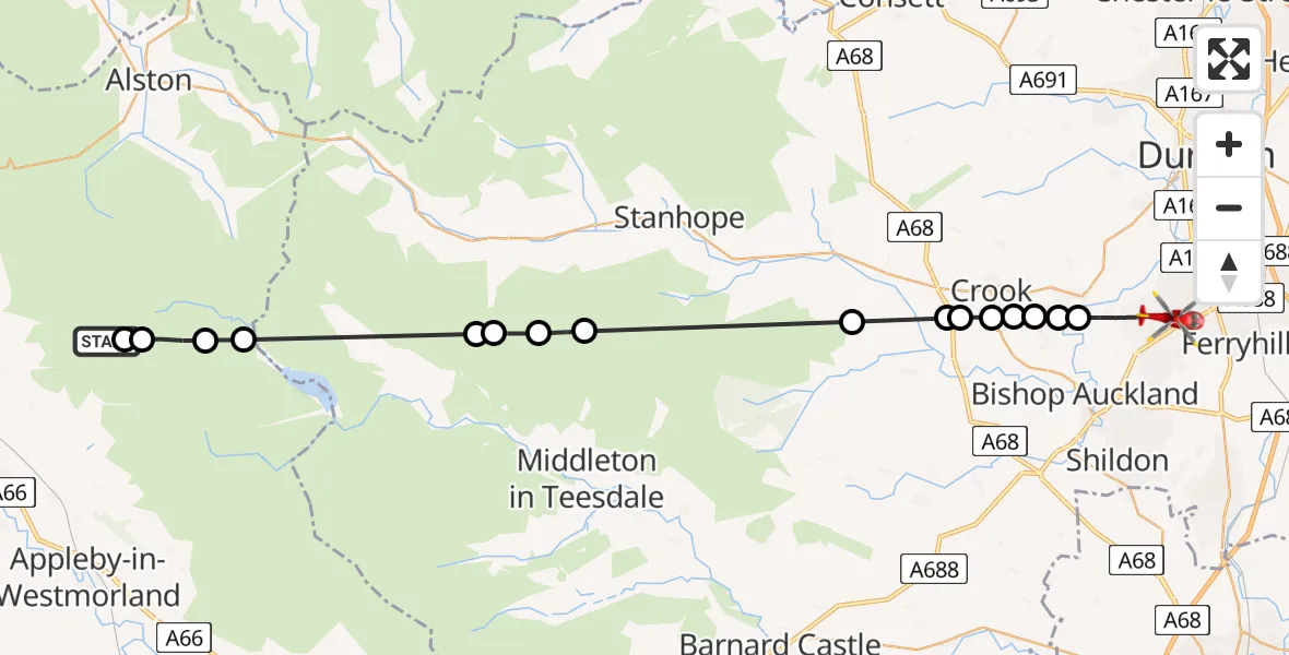 Flight route Air Ambulance Helicopter Milburn - Spennymoor, 22 August 2026, 08:29