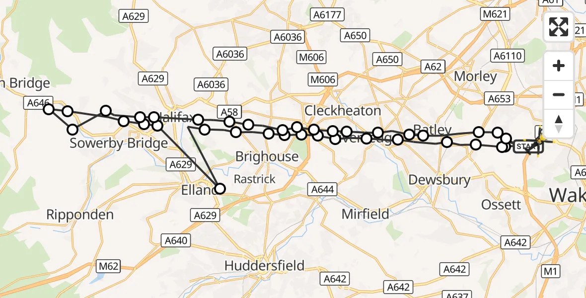 Flight route Police Helicopter East Ardsley - Ossett, 22 August 2026, 08:40