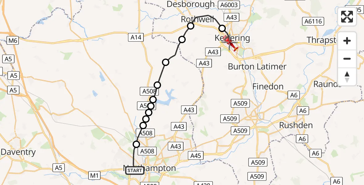 Flight route Air Ambulance Helicopter Northampton - Kettering, 22 August 2026, 08:41