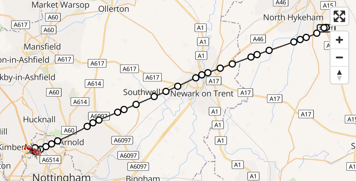 Flight route Air Ambulance Helicopter RAF Waddington - Nuthall, 22 August 2026, 08:47