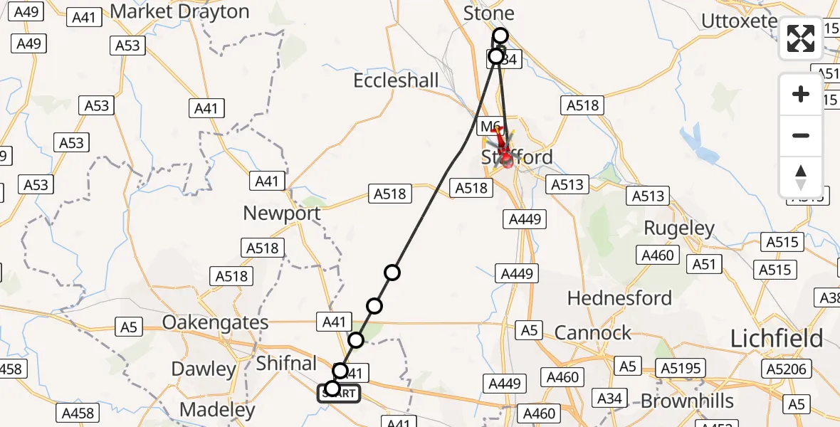 Flight route Air Ambulance Helicopter RAF Cosford - Stafford, 22 August 2026, 08:55