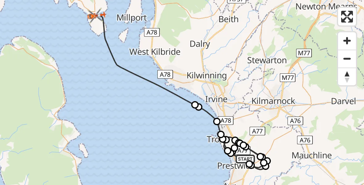 Flight route Coastguard Helicopter Glasgow Prestwick Airport - Inner Seas, 22 August 2026, 08:59