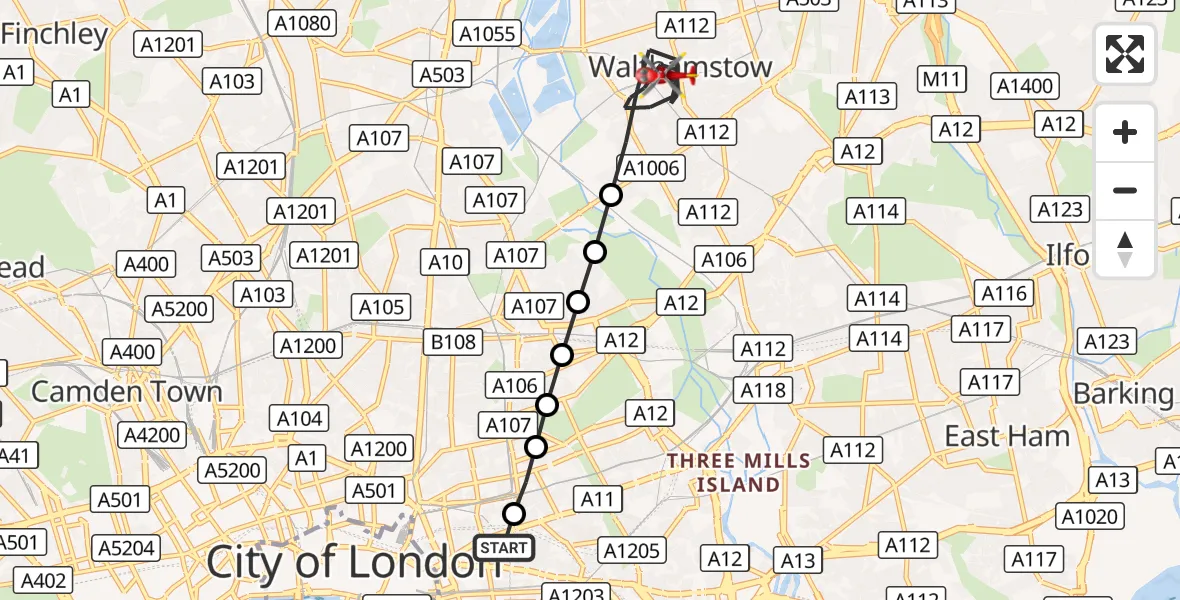 Flight route Air Ambulance Helicopter Royal London Hospital - Leyton, 22 August 2026, 09:05