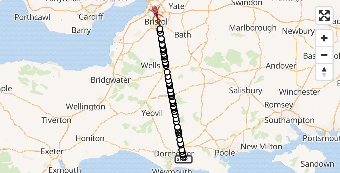 Flight route Air Ambulance Helicopter Warmwell - Bristol, 22 August 2026, 09:11