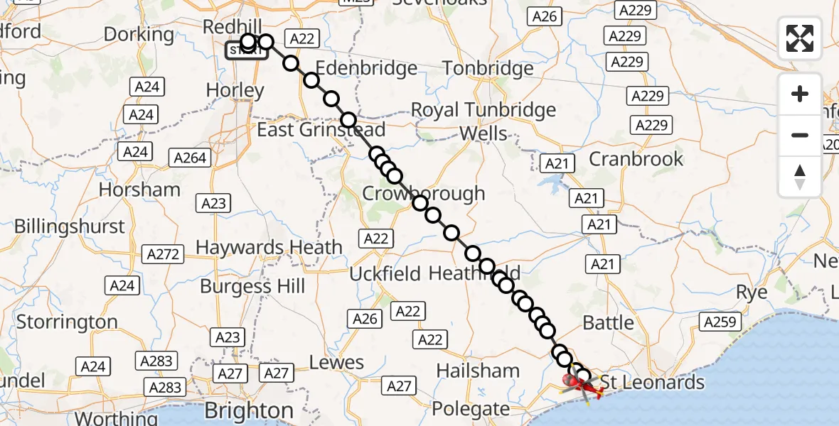 Flight route Air Ambulance Helicopter Redhill Aerodrome - Bexhill-on-Sea, 22 August 2026, 09:23
