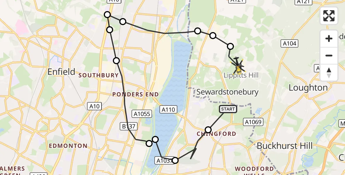 Flight route Police Helicopter Chingford - Metropolitan Police Air Support Unit Lippitts Hill, 22 August 2026, 09:26