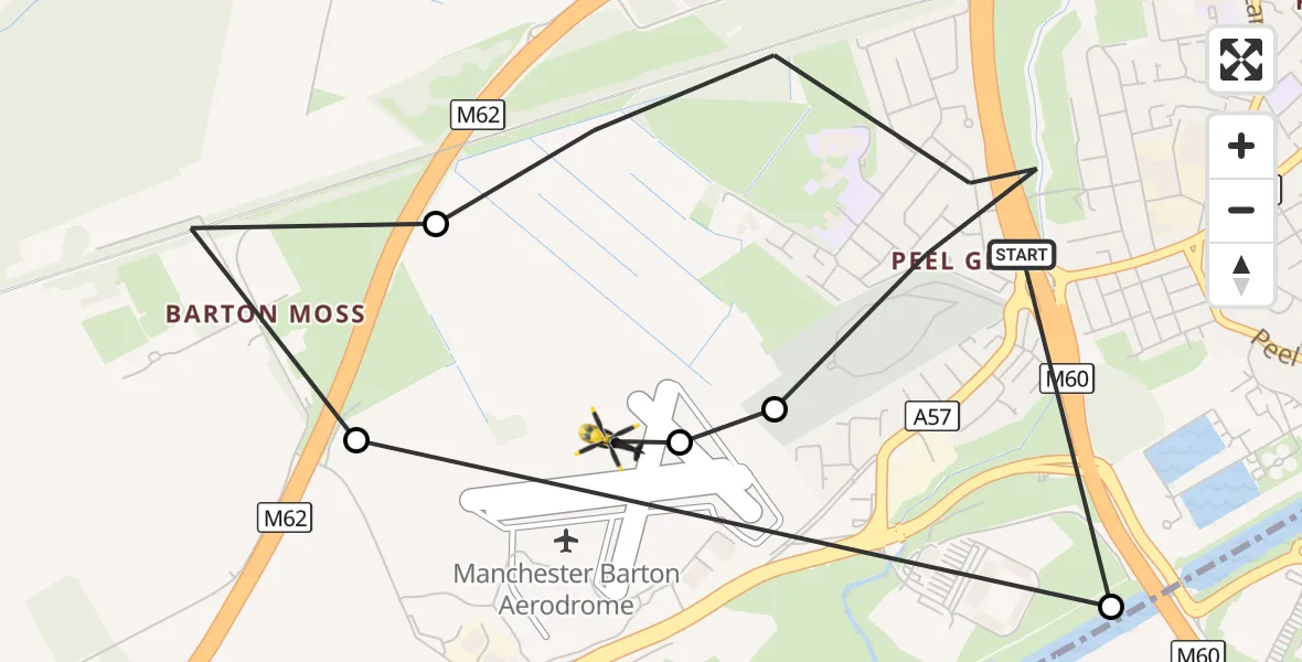 Flight route Police Helicopter Worsley - Manchester Barton Aerodrome, 22 August 2026, 09:46