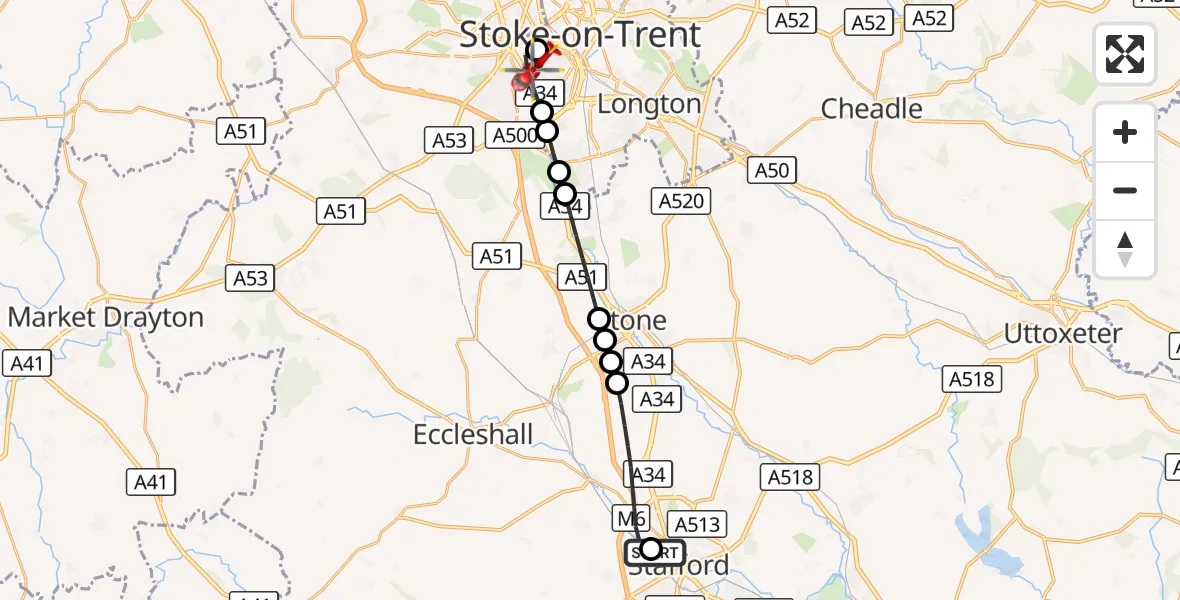Flight route Air Ambulance Helicopter Stafford - University Hospital North Staffs, 22 August 2026, 09:47