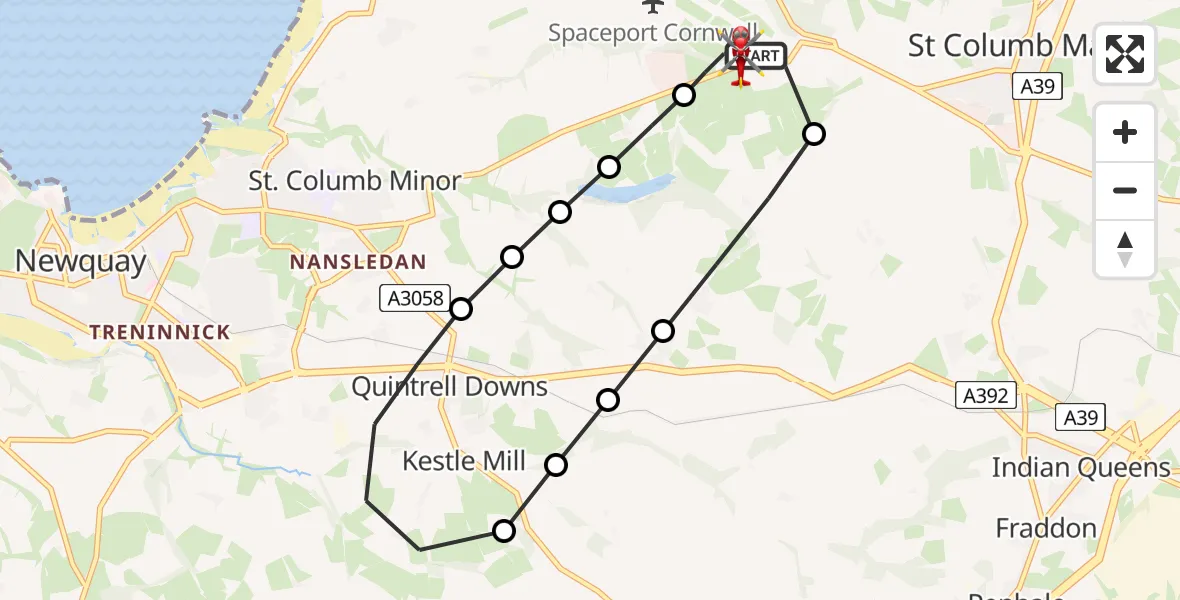 Flight route Air Ambulance Helicopter Cornwall Airport Newquay - Cornwall Airport Newquay, 22 August 2026, 09:49
