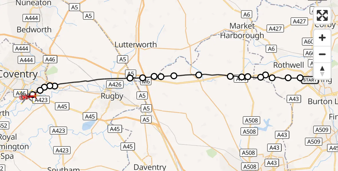 Flight route Air Ambulance Helicopter Kettering - Coventry Airport, 22 August 2026, 09:50