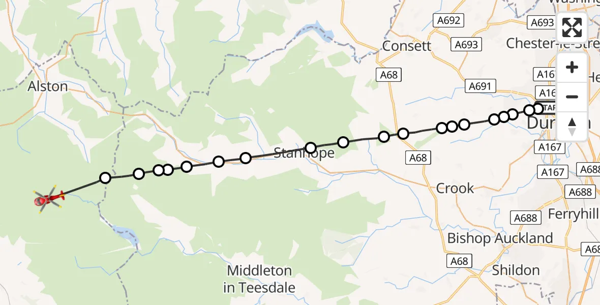 Flight route Air Ambulance Helicopter Pity Me - Milburn, 22 August 2026, 09:51
