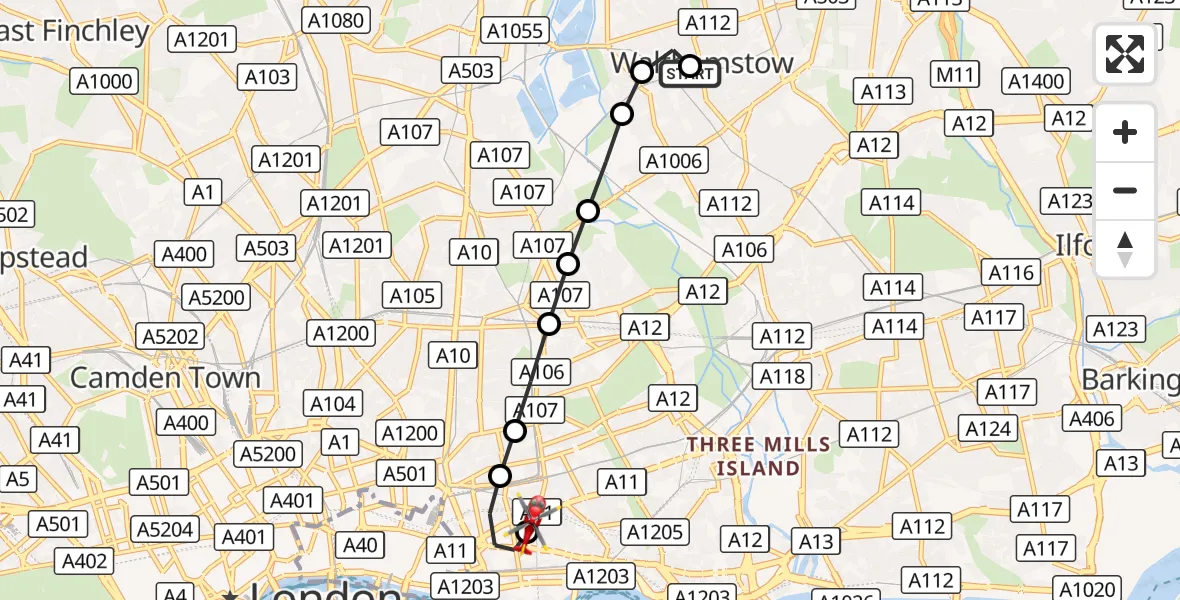Flight route Air Ambulance Helicopter Waltham Forest - Royal London Hospital, 22 August 2026, 09:57