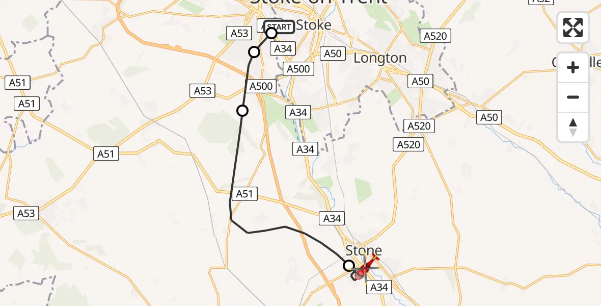 Flight route Air Ambulance Helicopter University Hospital North Staffs - Stone, 22 August 2026, 09:59