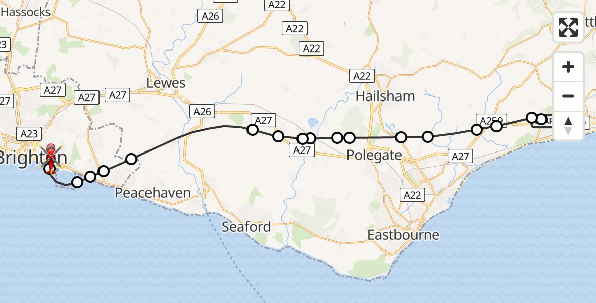 Flight route Air Ambulance Helicopter Rother - Brighton, 22 August 2026, 10:38