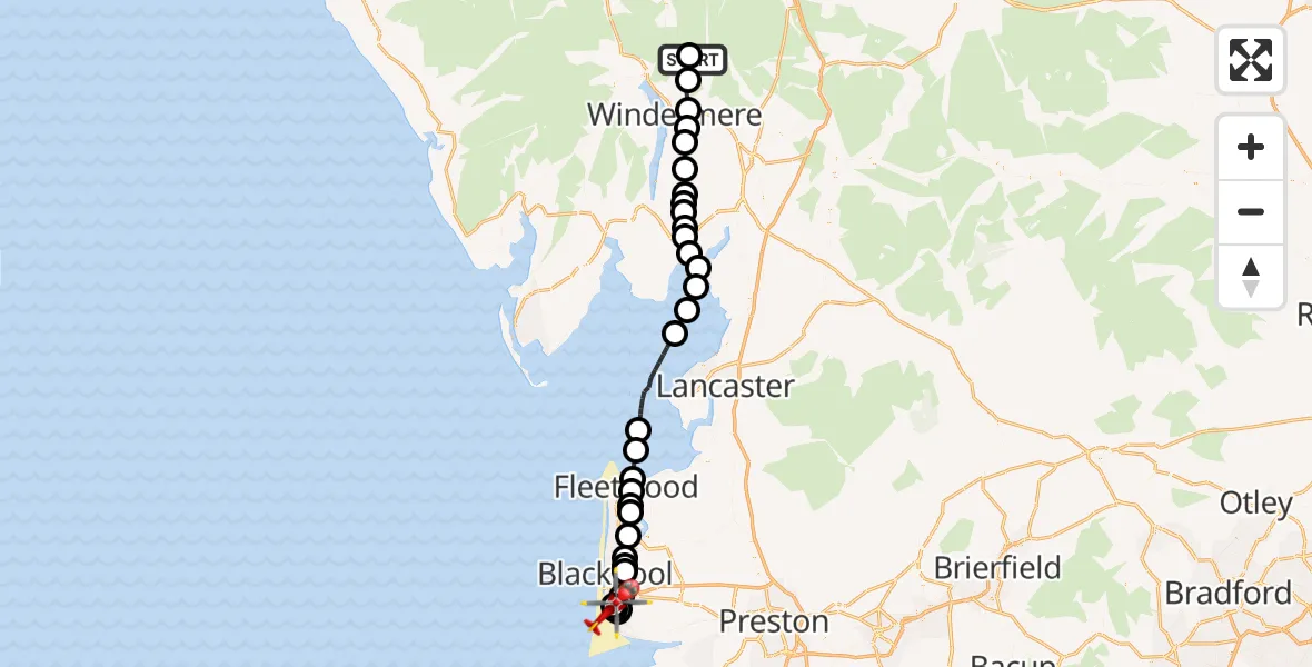 Flight route Air Ambulance Helicopter Kentmere - Blackpool Airport, 22 August 2026, 10:40