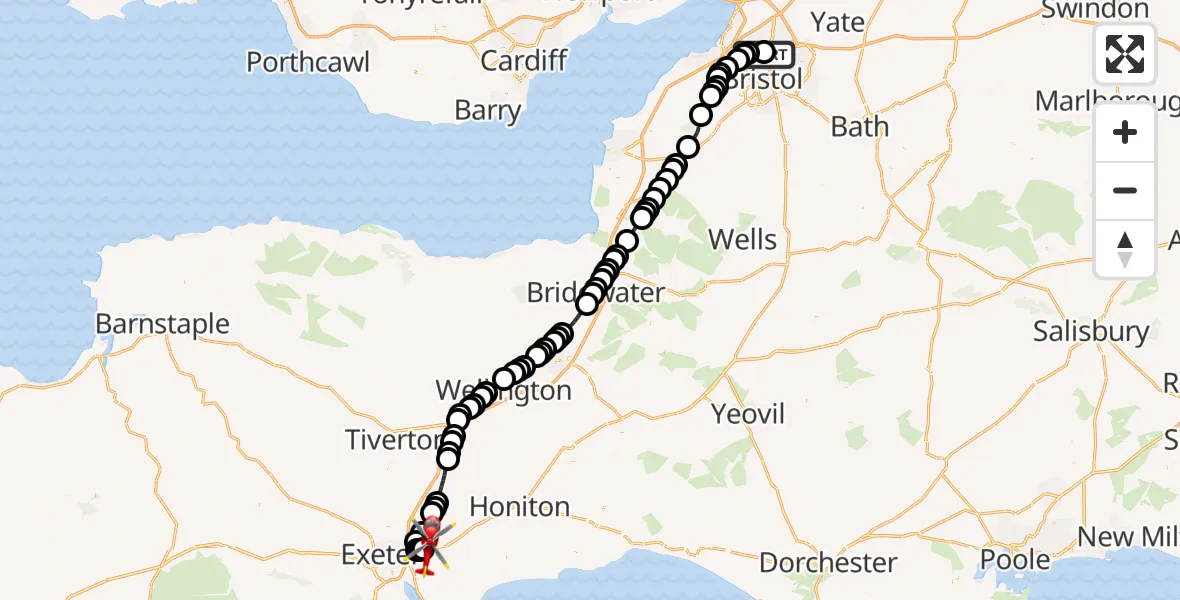 Flight route Air Ambulance Helicopter Southmead Hospital - Exeter International Airport, 22 August 2026, 10:42