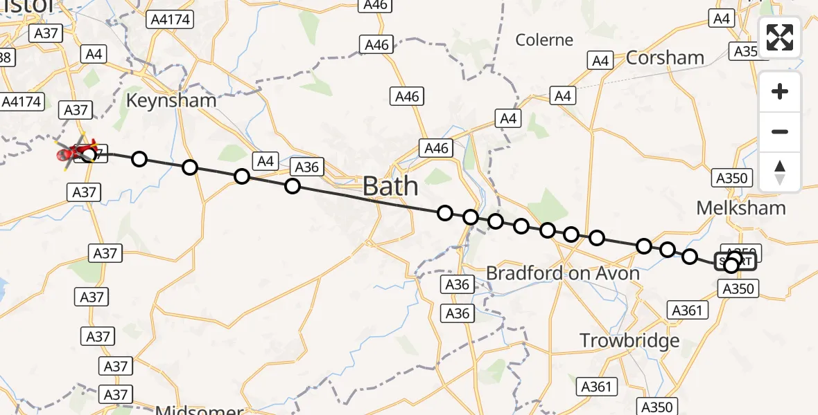 Flight route Air Ambulance Helicopter Wiltshire Air Ambulance - Norton Malreward, 22 August 2026, 10:46