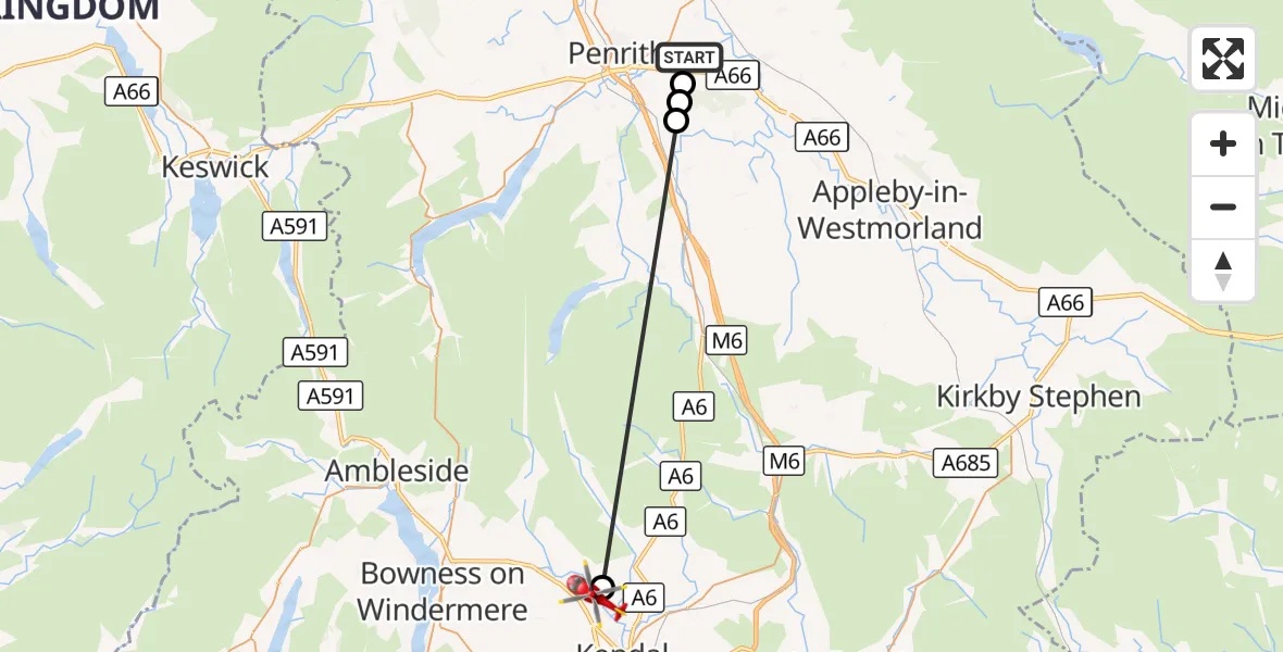 Flight route Air Ambulance Helicopter Brougham - Bowston, 22 August 2026, 10:48