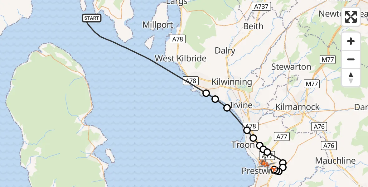 Flight route Coastguard Helicopter Inner Seas - Glasgow Prestwick Airport, 22 August 2026, 10:50