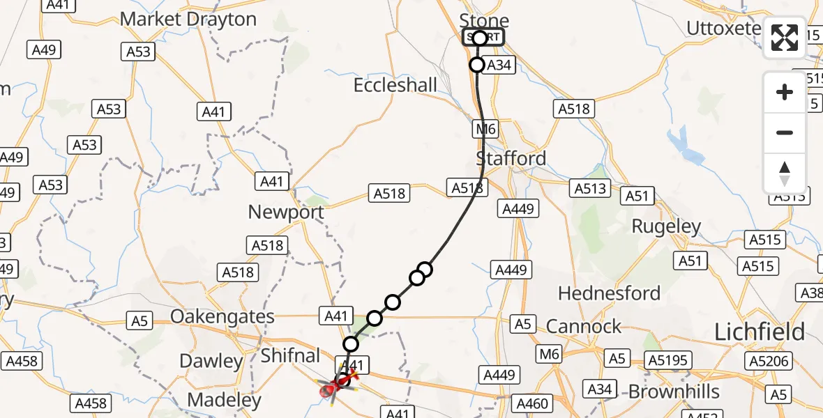 Flight route Air Ambulance Helicopter Stone - Shifnal, 22 August 2026, 10:53