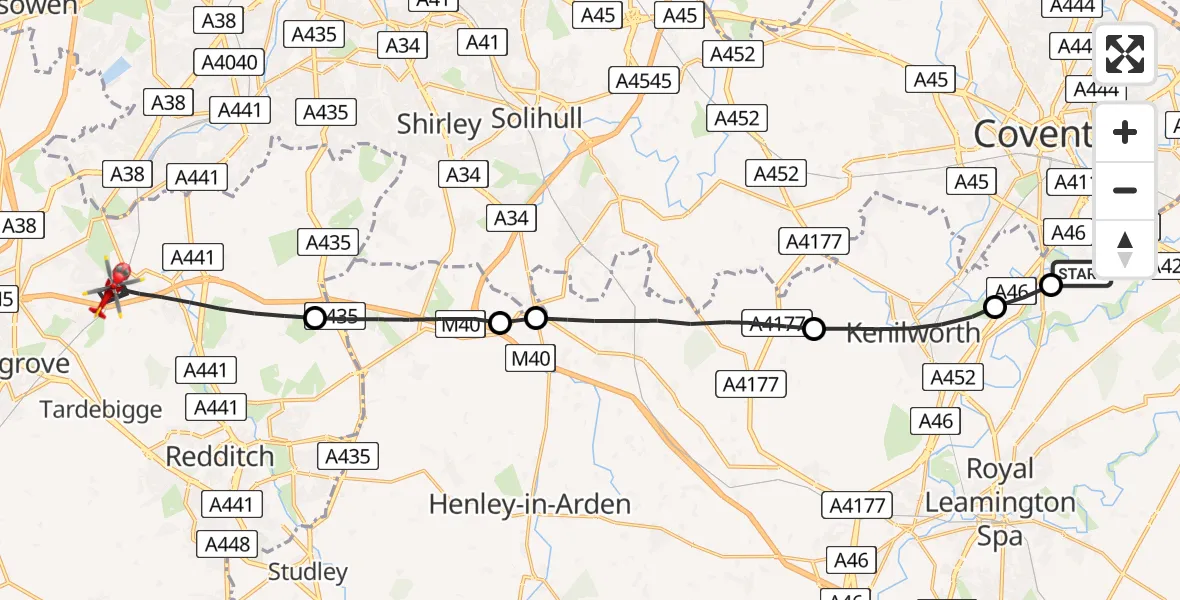 Flight route Air Ambulance Helicopter Coventry Airport - Bromsgrove, 22 August 2026, 10:55