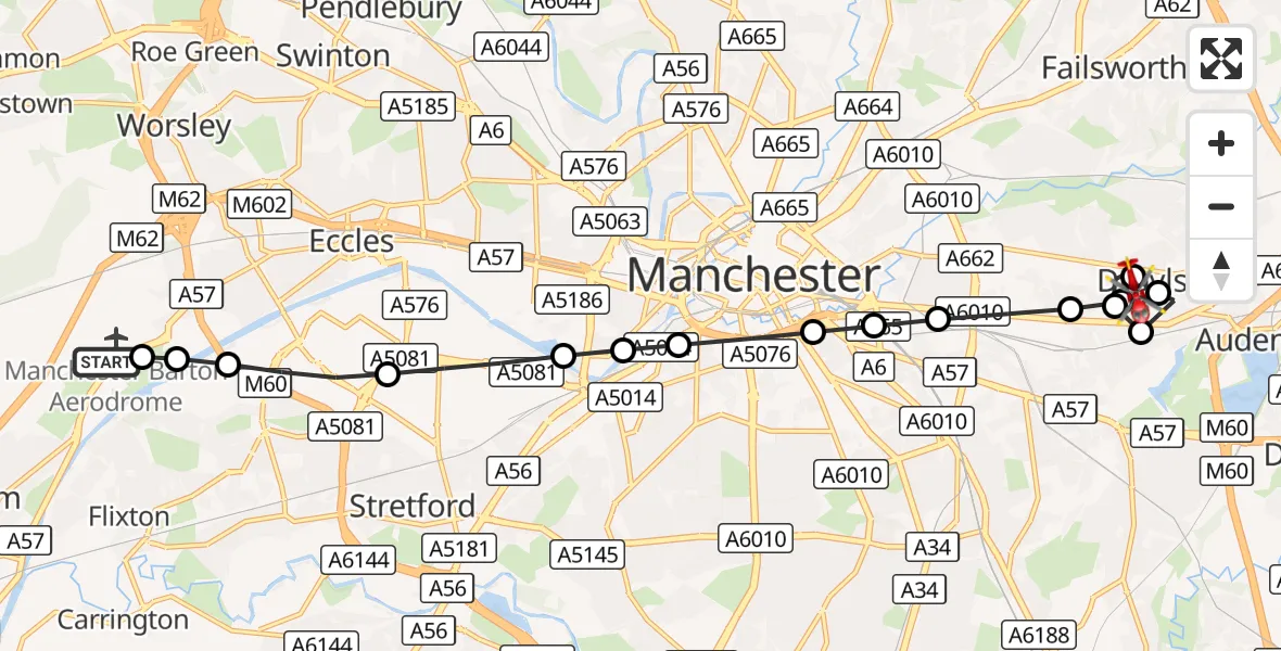 Flight route Air Ambulance Helicopter Manchester Barton Aerodrome - Droylsden, 22 August 2026, 11:01