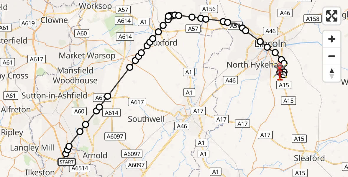 Flight route Air Ambulance Helicopter Nuthall - North Kesteven, 22 August 2026, 11:10
