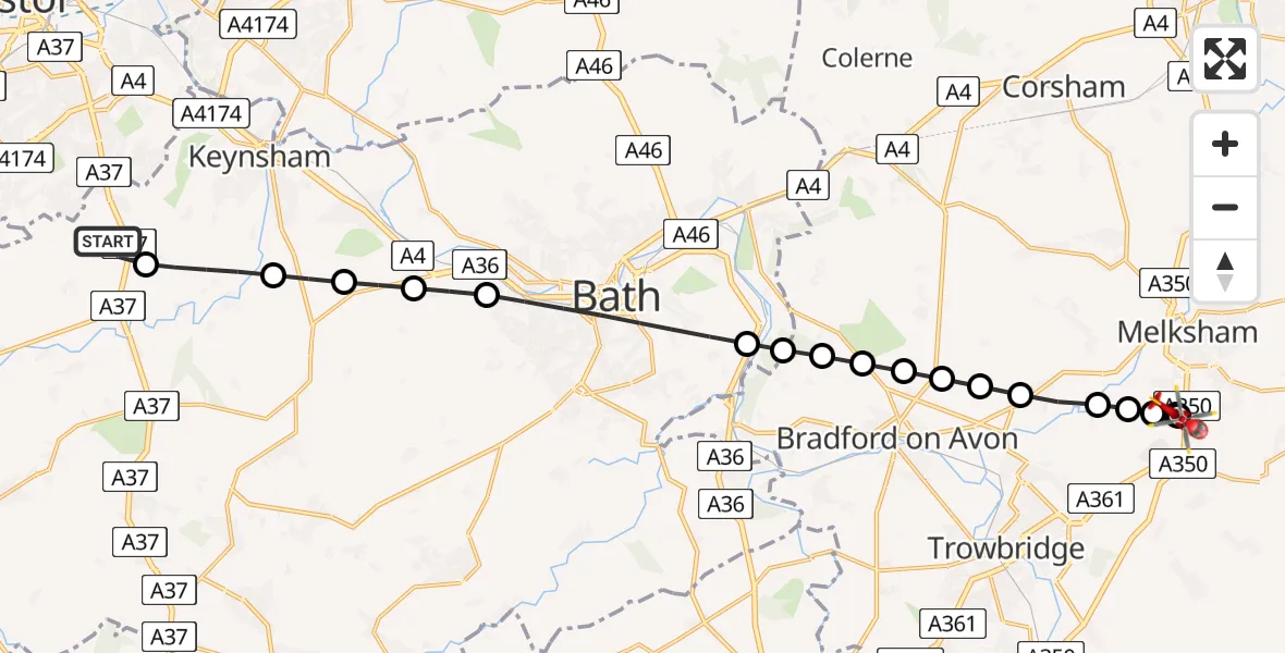 Flight route Air Ambulance Helicopter Norton Malreward - Wiltshire Air Ambulance, 22 August 2026, 11:14