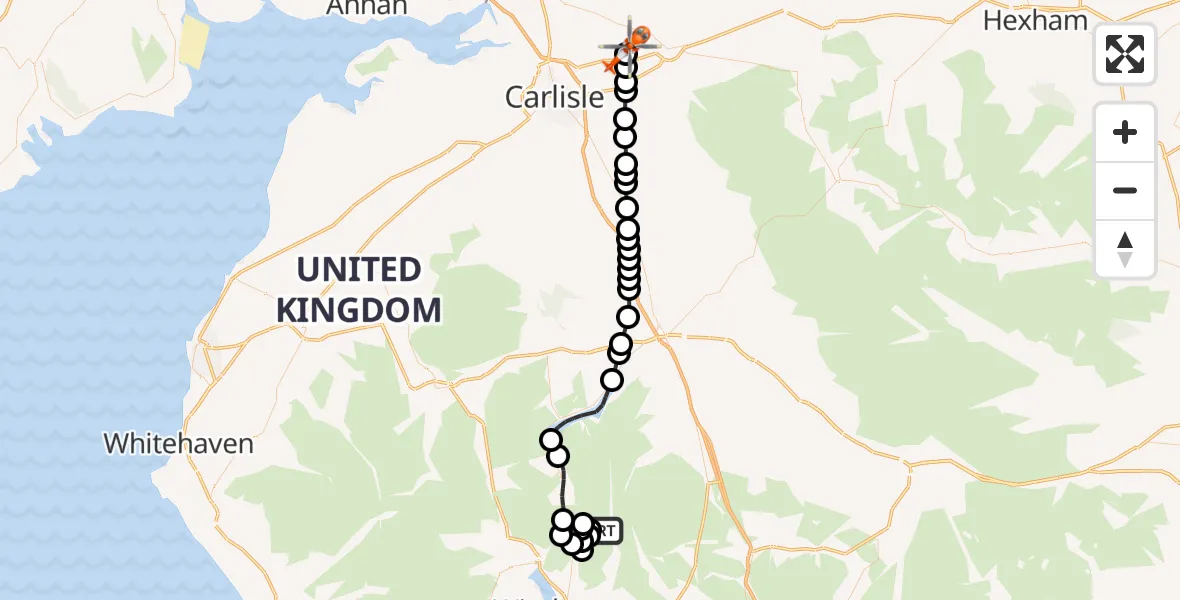 Flight route Coastguard Helicopter Kentmere - Carlisle Lake District Airport, 22 August 2026, 11:19