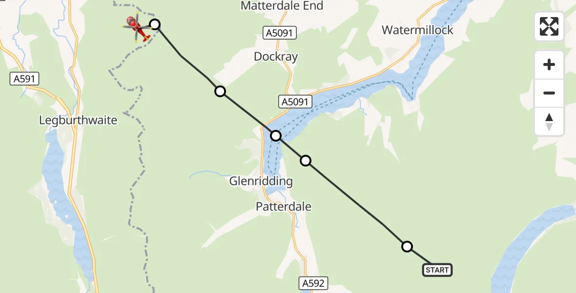 Flight route Air Ambulance Helicopter Bampton - Threlkeld, 22 August 2026, 11:23
