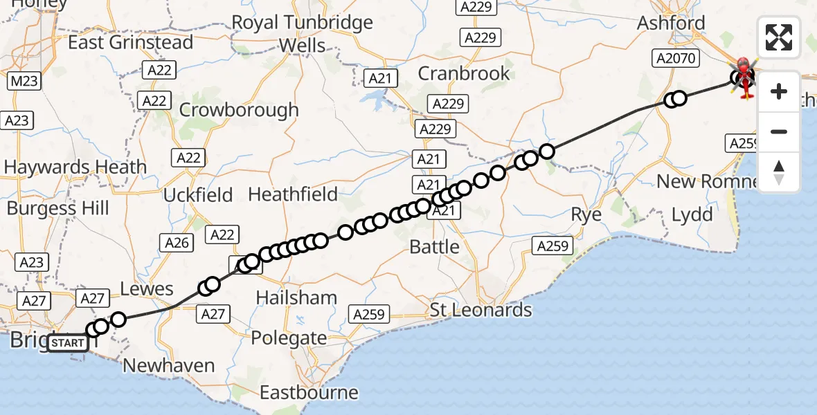 Flight route Air Ambulance Helicopter Brighton - Harringe Court Airfield, 22 August 2026, 11:38