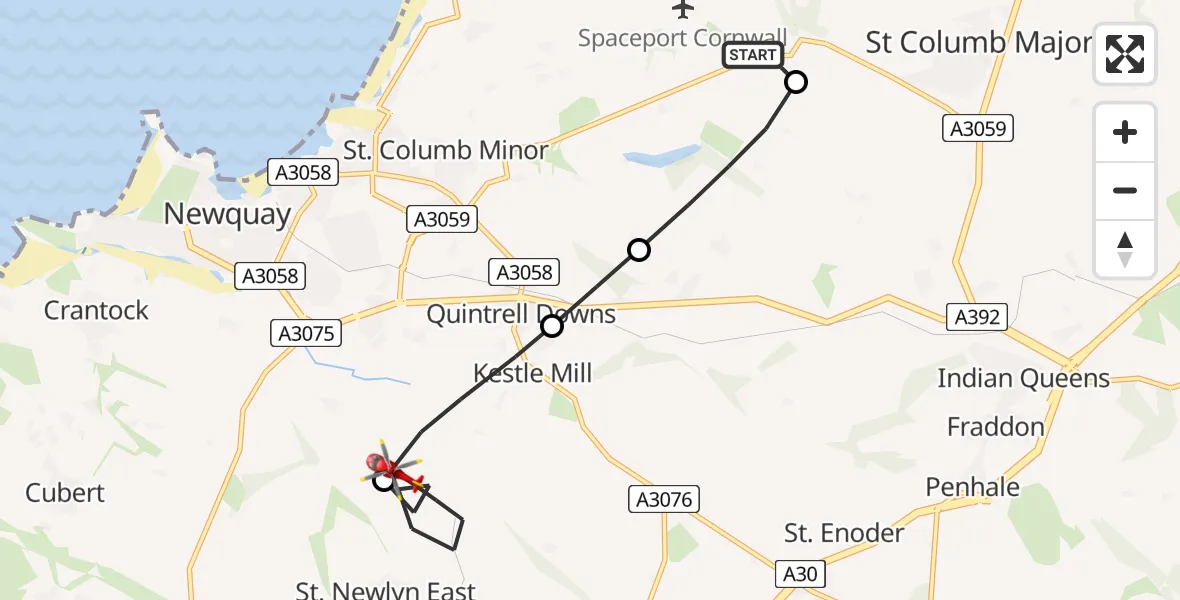 Flight route Air Ambulance Helicopter Cornwall Airport Newquay - St. Newlyn East, 22 August 2026, 11:46