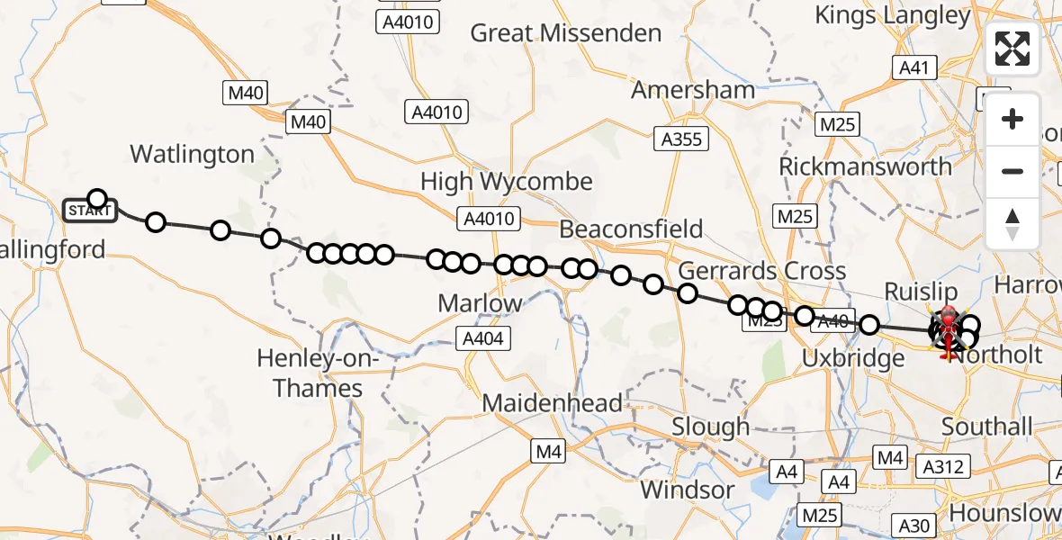 Flight route Air Ambulance Helicopter RAF Benson - Ruislip High School, 22 August 2026, 11:46