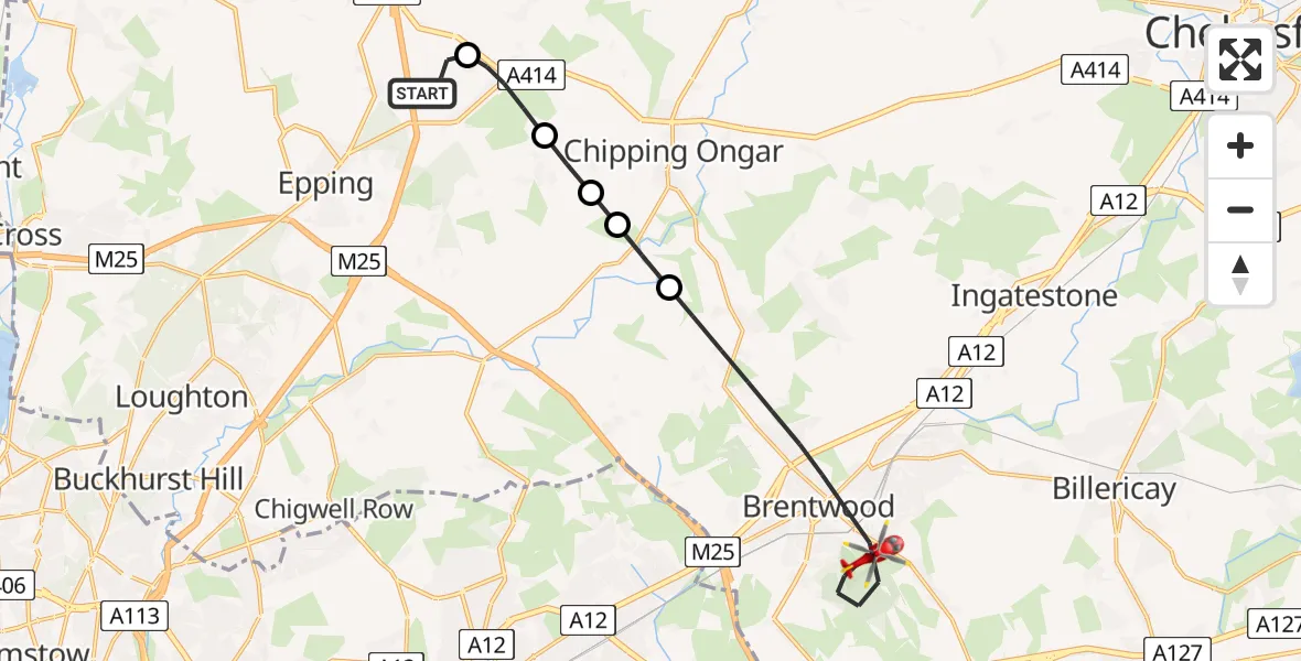 Flight route Air Ambulance Helicopter North Weald Airfield - Brentwood, 22 August 2026, 11:58