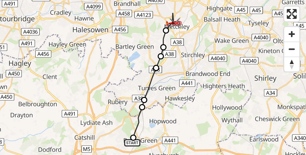 Flight route Air Ambulance Helicopter Bromsgrove - Metchley, 22 August 2026, 12:01
