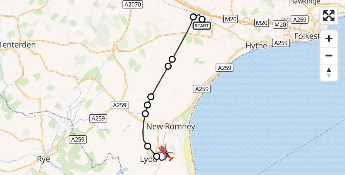 Flight route Air Ambulance Helicopter Harringe Court Airfield - Lydd London Ashford Airport, 22 August 2026, 12:12