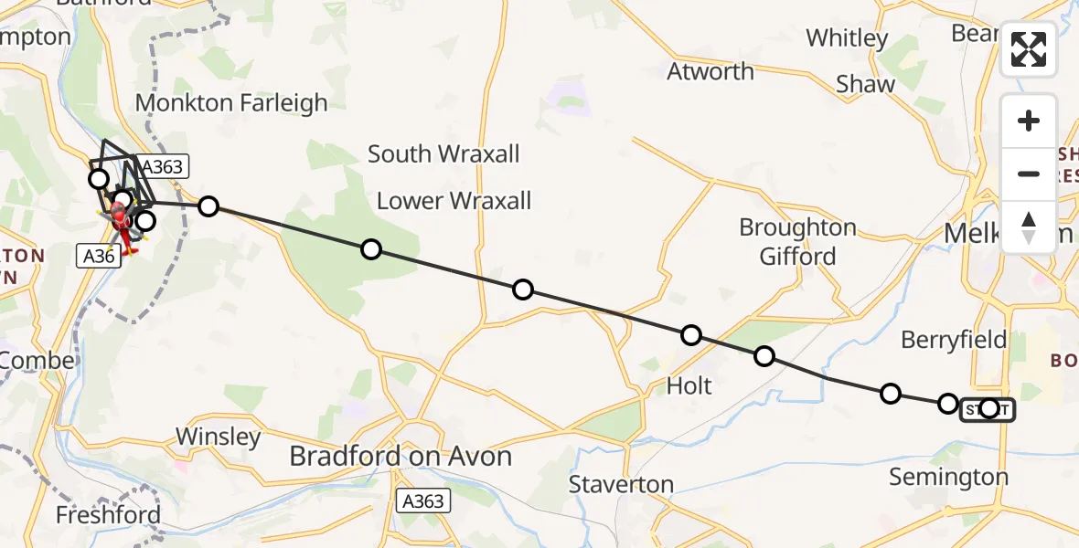 Flight route Air Ambulance Helicopter Wiltshire Air Ambulance - Bathford, 22 August 2026, 12:16