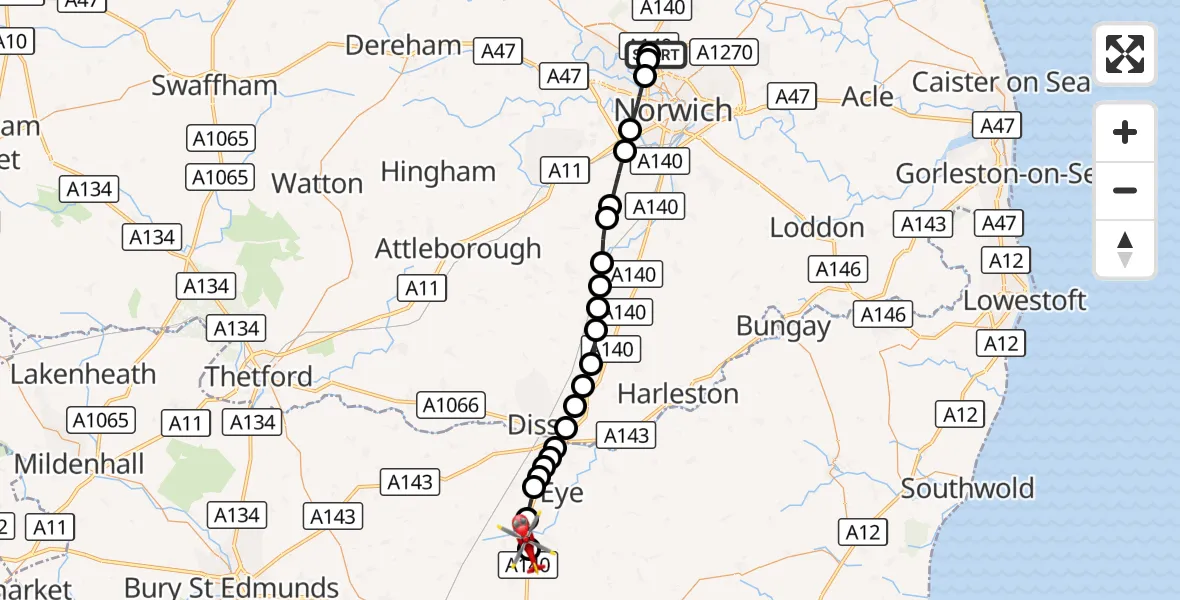 Flight route Air Ambulance Helicopter Norwich Airport - Thwaite, 22 August 2026, 12:20