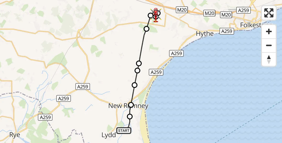 Flight route Air Ambulance Helicopter Lydd London Ashford Airport - Harringe Court Airfield, 22 August 2026, 12:21