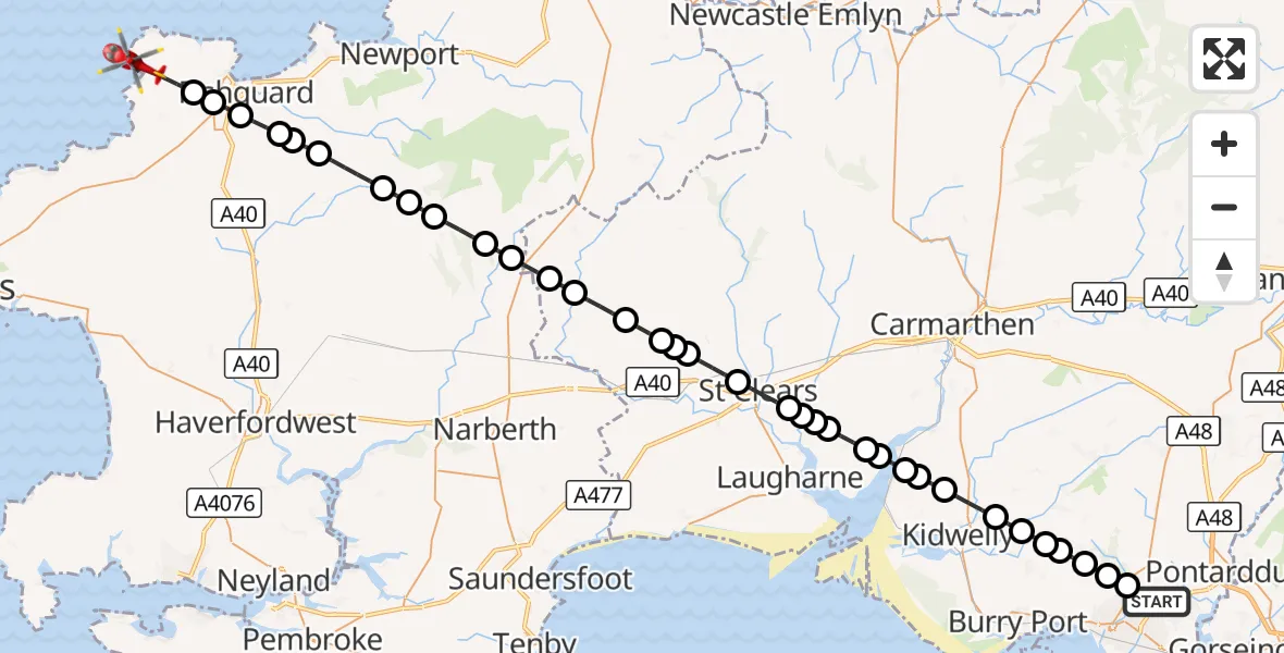 Flight route Air Ambulance Helicopter Dafen - Pencaer, 22 August 2026, 12:22