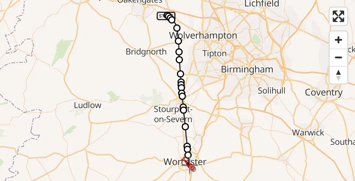 Flight route Air Ambulance Helicopter RAF Cosford - Worcester, 22 August 2026, 12:25