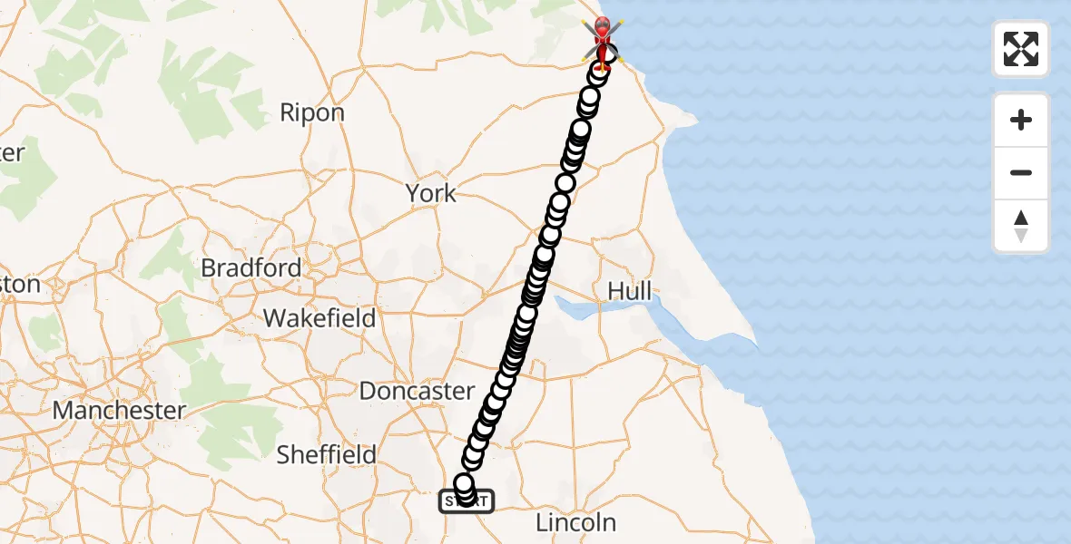 Flight route Air Ambulance Helicopter Retford Gamston Airport - Scarborough, 22 August 2026, 12:31