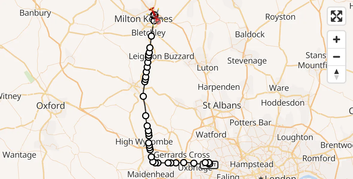 Flight route Air Ambulance Helicopter RAF Northolt - Monkston, 22 August 2026, 12:32