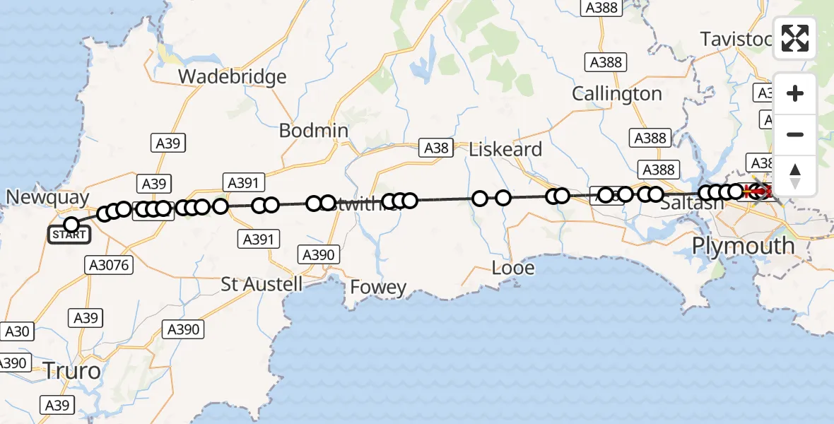 Flight route Air Ambulance Helicopter St. Newlyn East - Derriford Hospital, 22 August 2026, 12:37