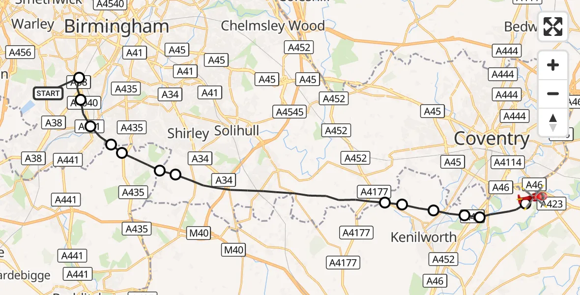 Flight route Air Ambulance Helicopter Weoley Castle - Warwick, 22 August 2026, 12:42