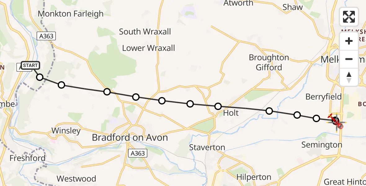 Flight route Air Ambulance Helicopter Claverton - Wiltshire Air Ambulance, 22 August 2026, 12:49