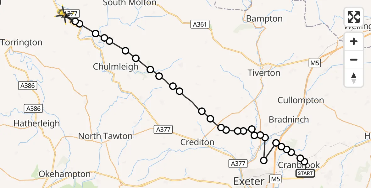 Flight route Police Helicopter Rockbeare - Atherington, 22 August 2026, 12:50