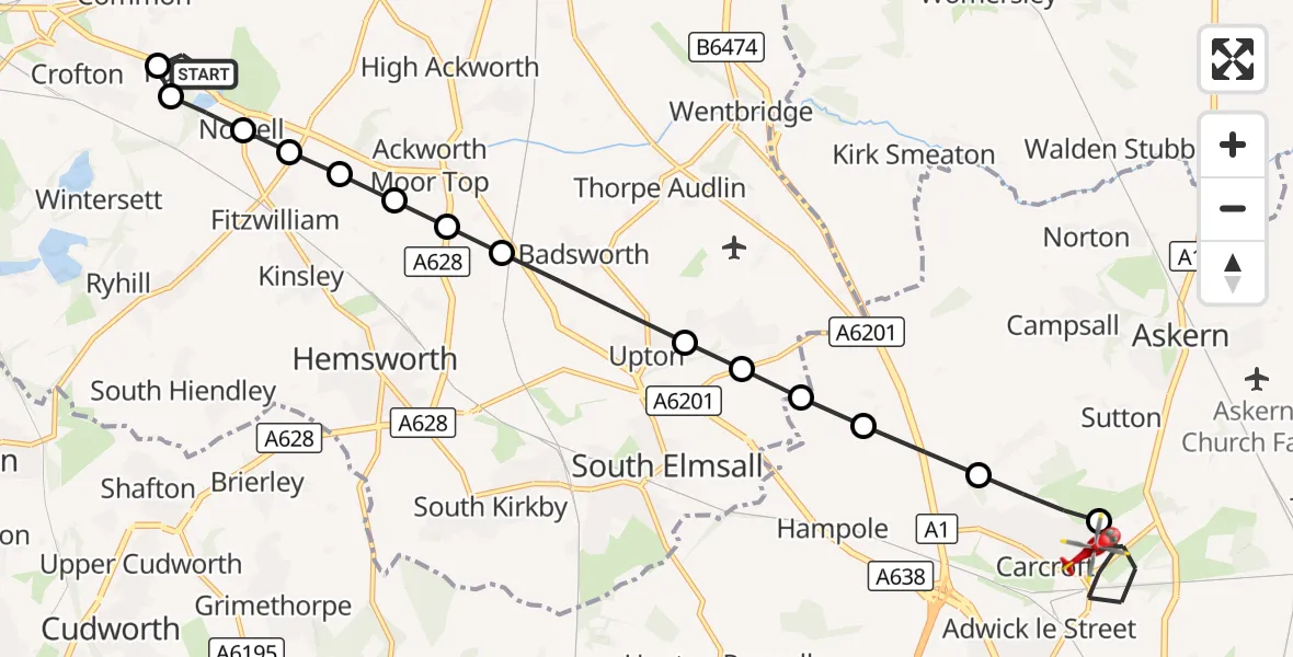 Flight route Air Ambulance Helicopter YAA Nostell Helicopter Port - Carcroft, 22 August 2026, 12:56