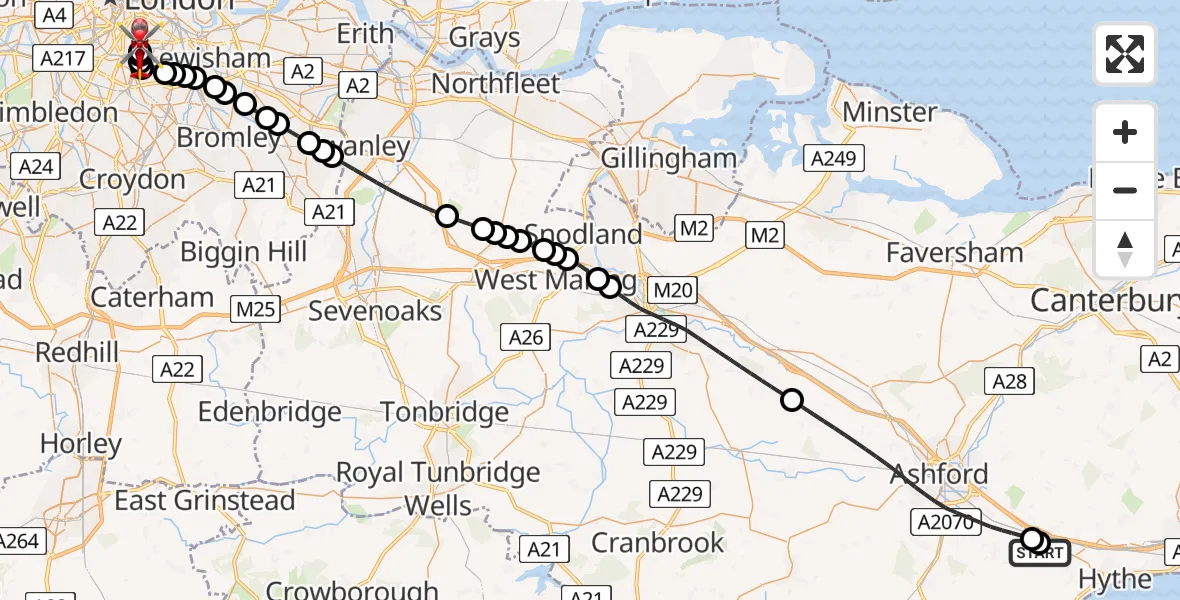 Flight route Air Ambulance Helicopter Harringe Court Airfield - Kings College London Hospital, 22 August 2026, 12:57