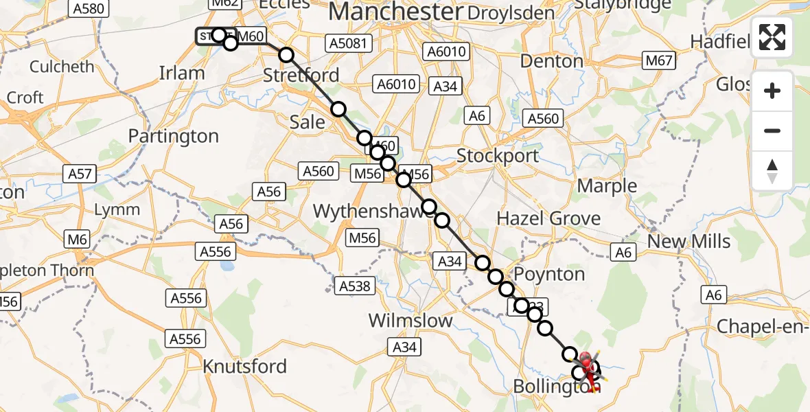 Flight route Air Ambulance Helicopter Manchester Barton Aerodrome - Rainow, 22 August 2026, 13:04